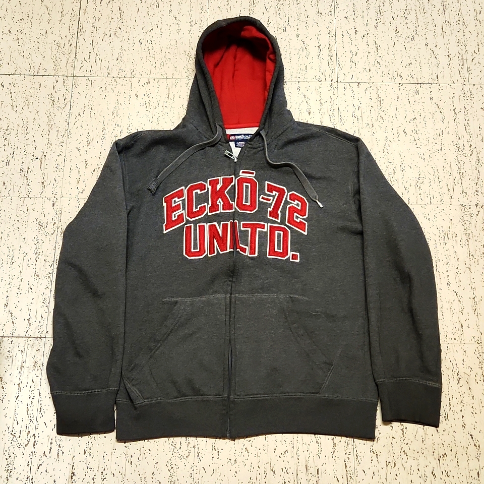 Ecko Unlimited Grey & Red Big Spell Out Logo Full Zip Hoodie Sweater Vintage Y2k
